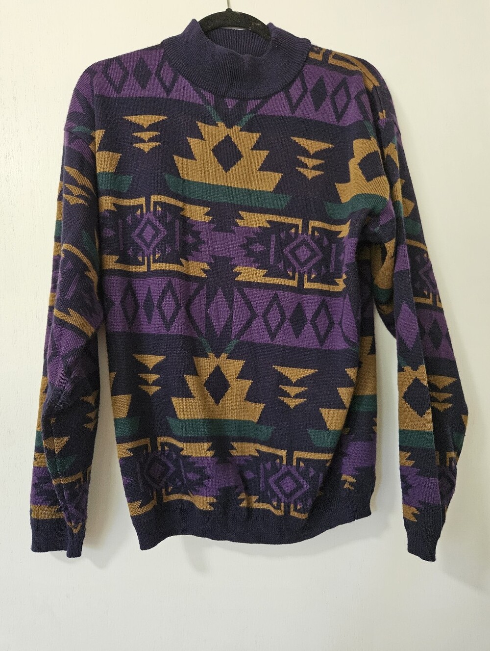 Vintage Ossi Skiwear Geometric Pattern Mock Neck Sweater Purple Multi Size M